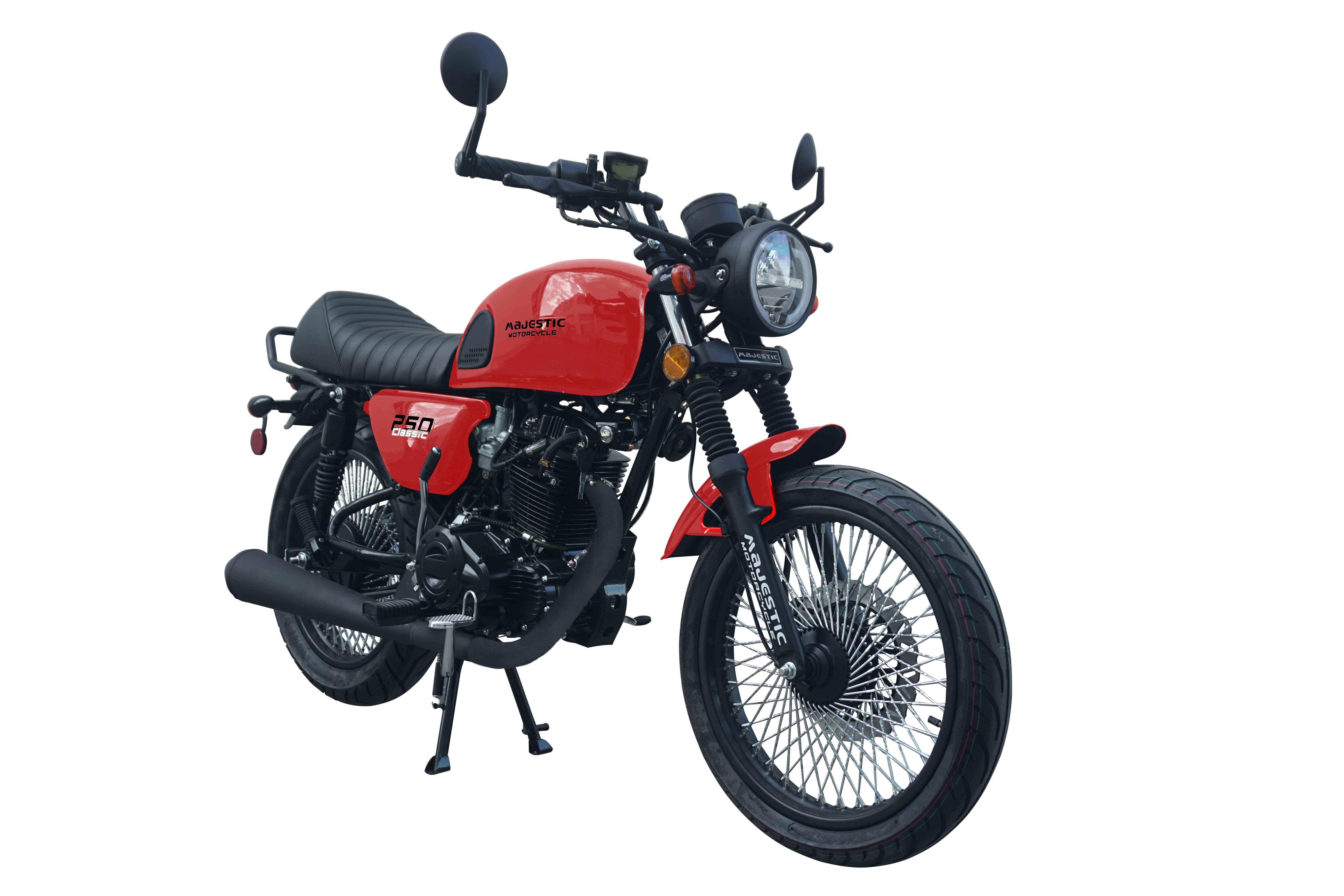 Red 250cc classic motorcycle with black accents and spoked wheels.