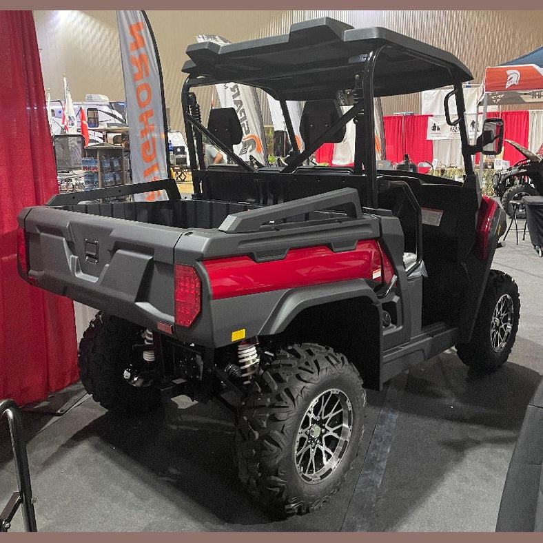 Red and black Bighorn Explorer 550 UTV rear three-quarter with stripe