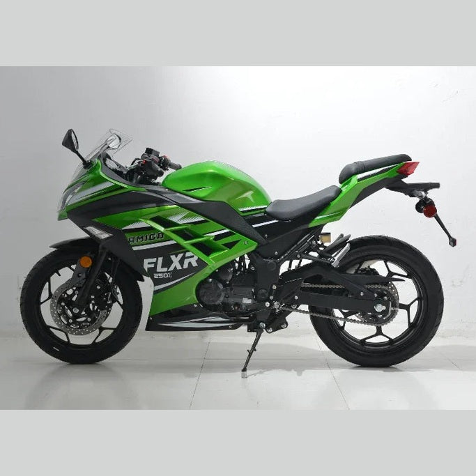 Bright green Amigo FLXR 250i sport bike side profile with black seat and fairings