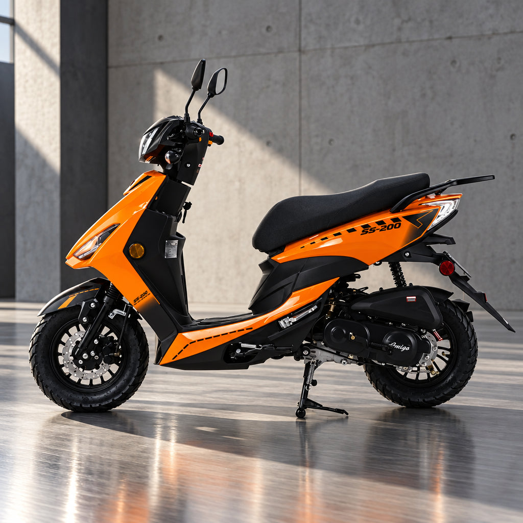 Orange Amigo SS-200 scooter side profile showing engine