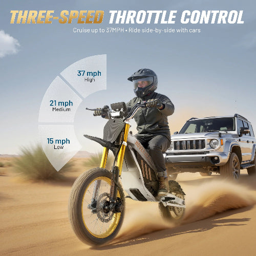 Motorcycle rider on a hoverhearts dirt bike with a car in the background, showcasing three-speed throttle control.