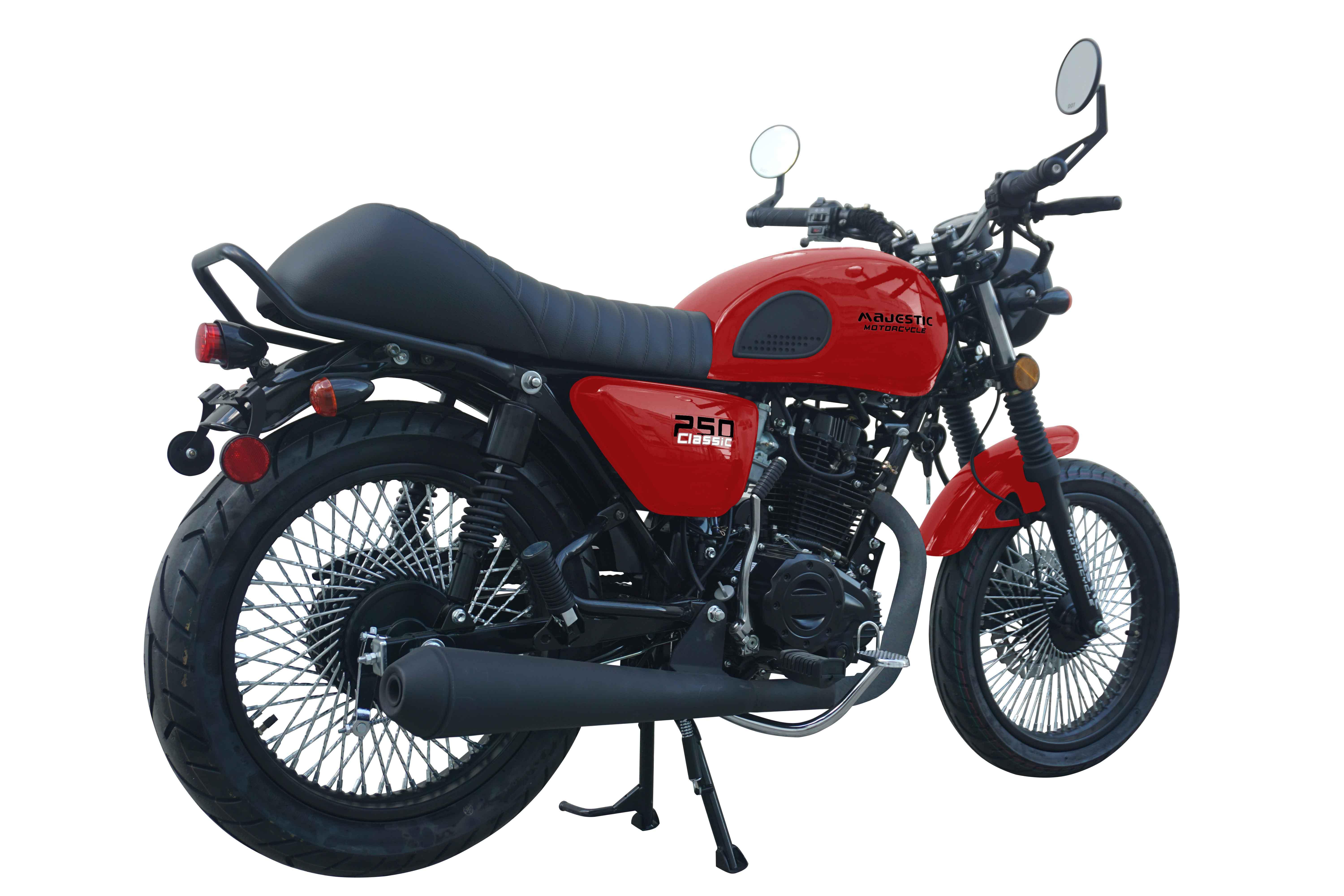 Red 250 Classic motorcycle with black seat and wire-spoke wheels