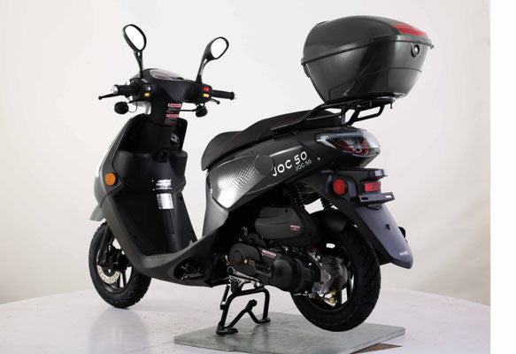 Black 50cc Joc scooter with a large storage box on the back