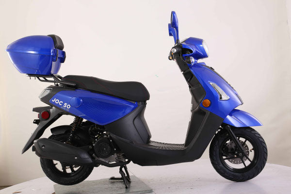 Blue 50cc Joc scooter with black seat on display