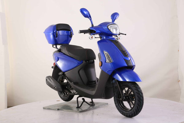 Blue 50cc scooter displayed for sale at tubopowersports.com 