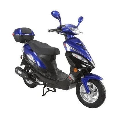 Blue and black 50cc gas scooter with rear storage box