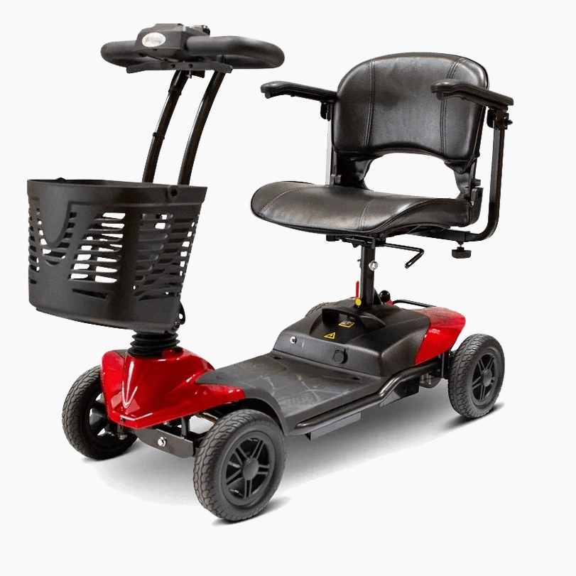 Red EW-M35 travel mobility scooter with padded seat and puncture-proof tires