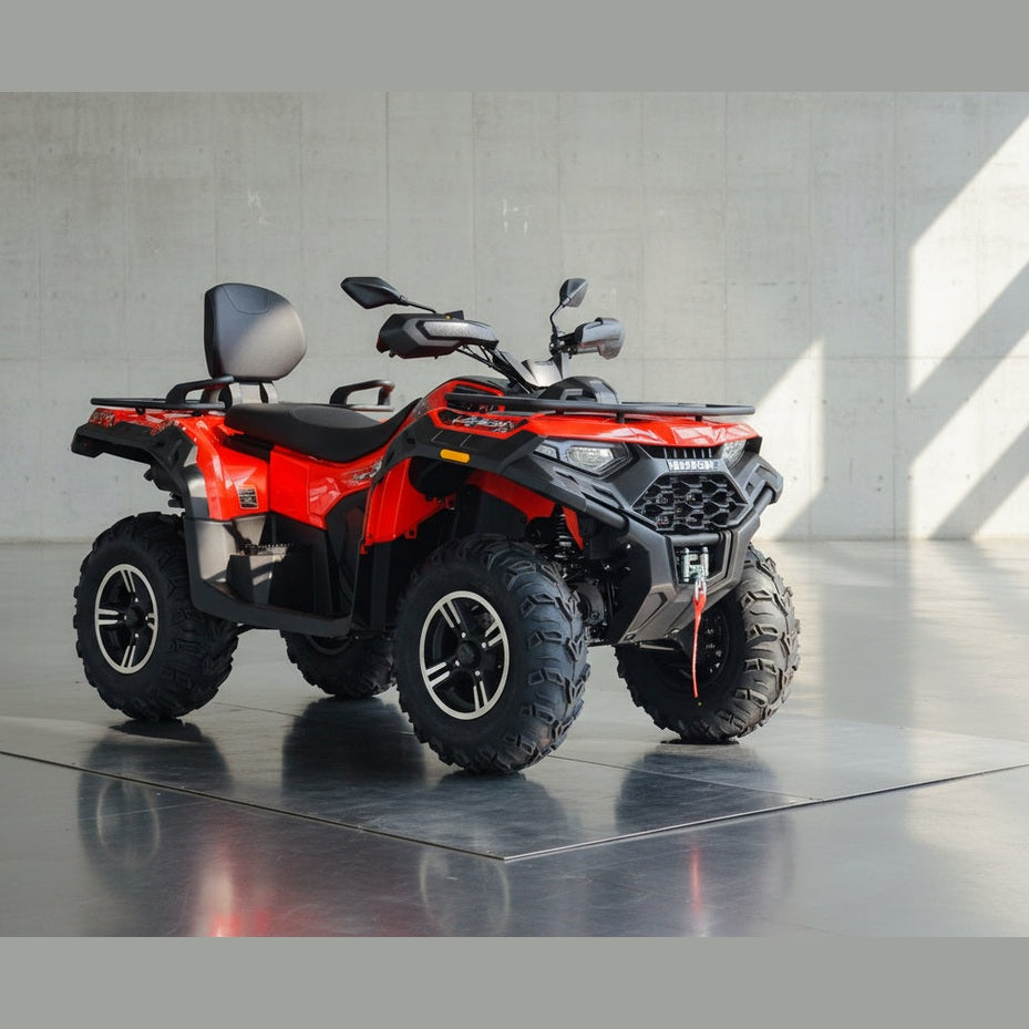 Red and black Loncin XWolf 550L utility ATV with LED headlights, winch hook, and cargo racks