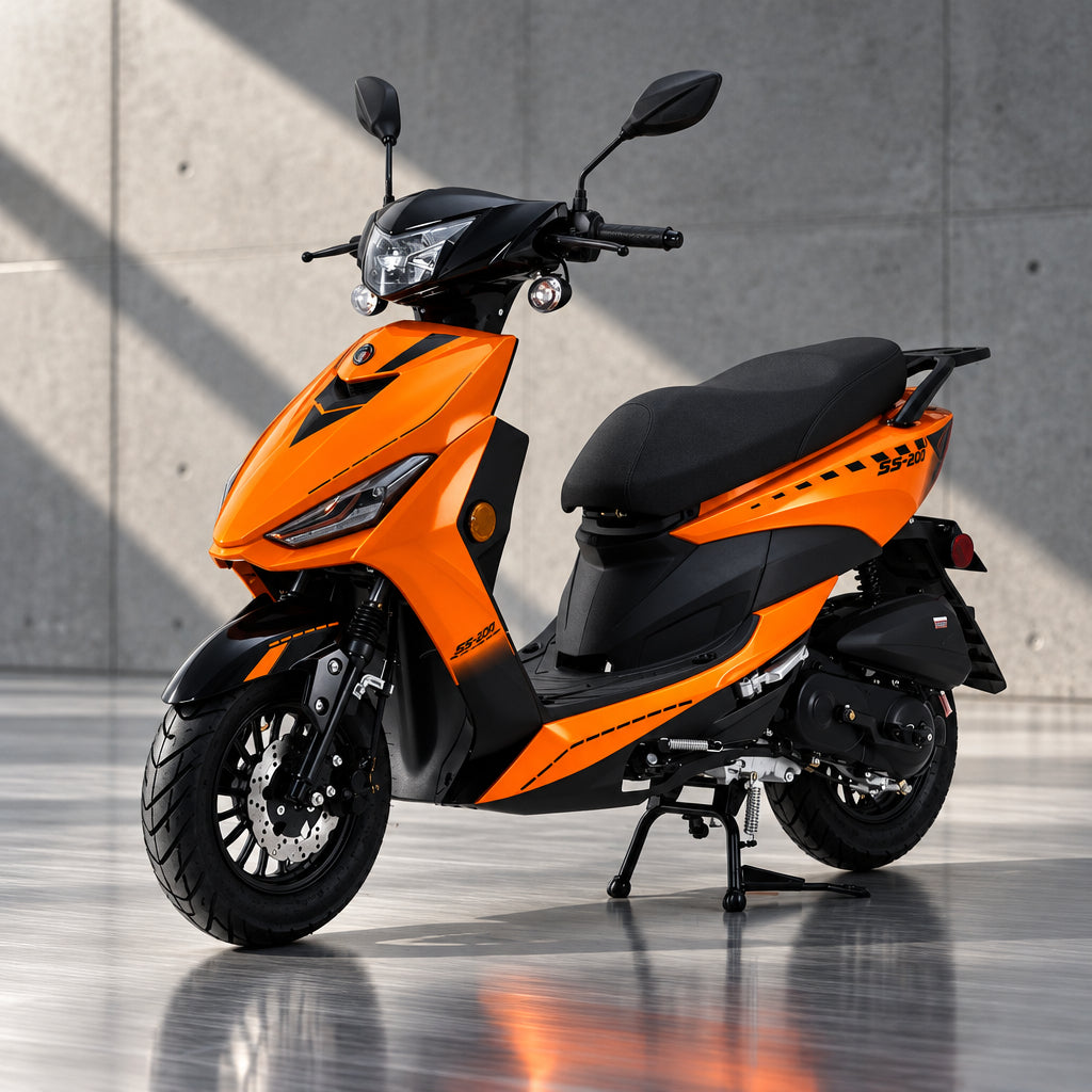 Orange Amigo SS-200 scooter with disc brake front view