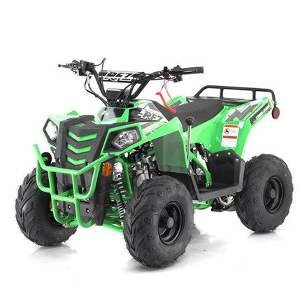 Mini Commander 110cc ATV bright green black front view rear cargo rack