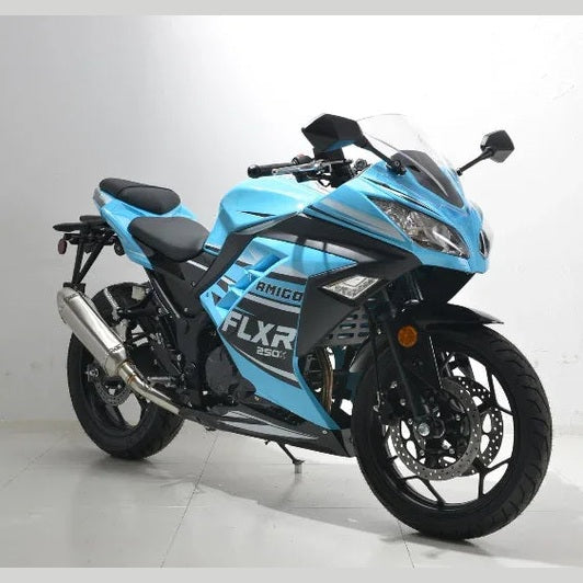 Light blue and black Amigo FLXR 250X sport motorcycle side view with fairings