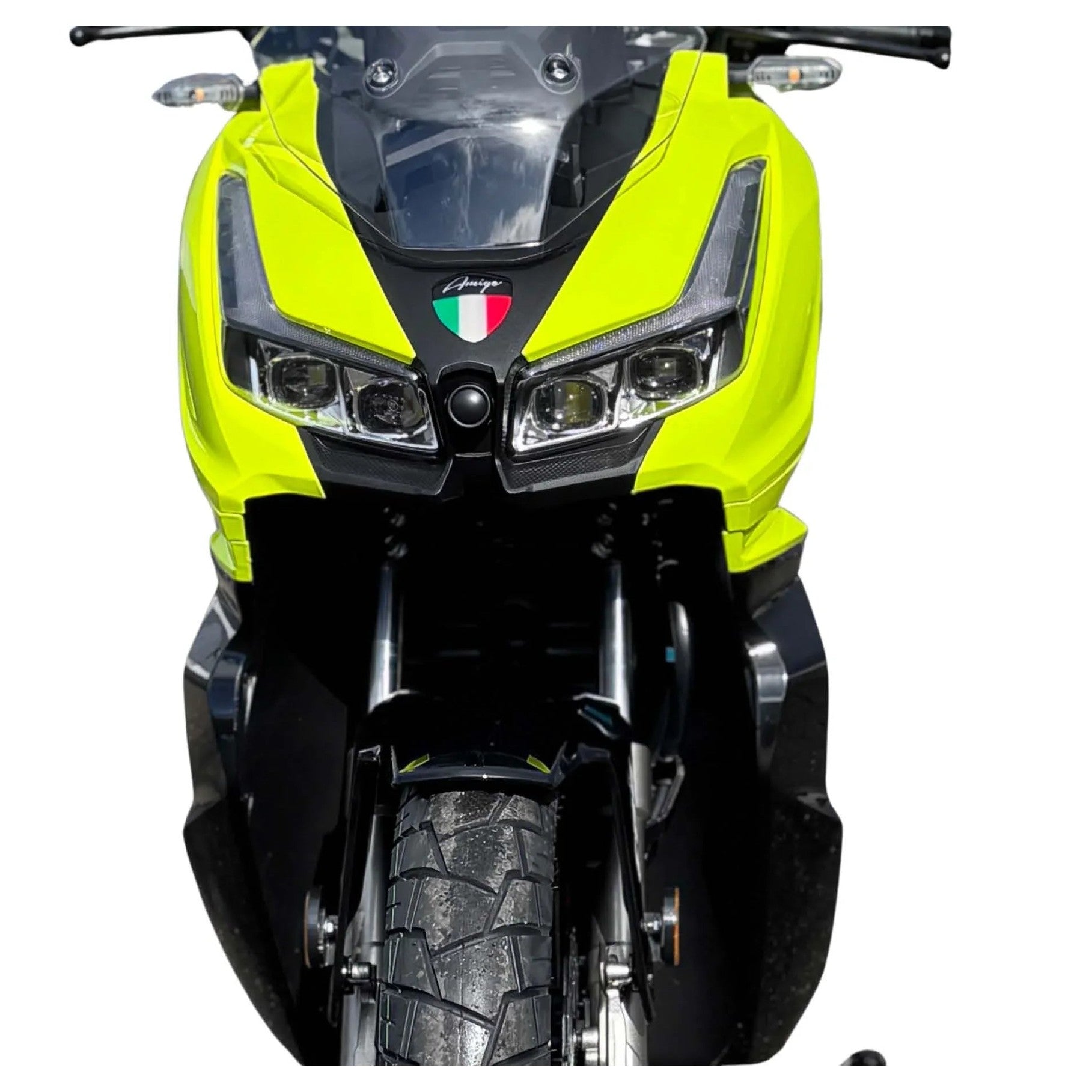 Front close-up of lime green Amigo 200 dual headlights and Italian flag shield logo