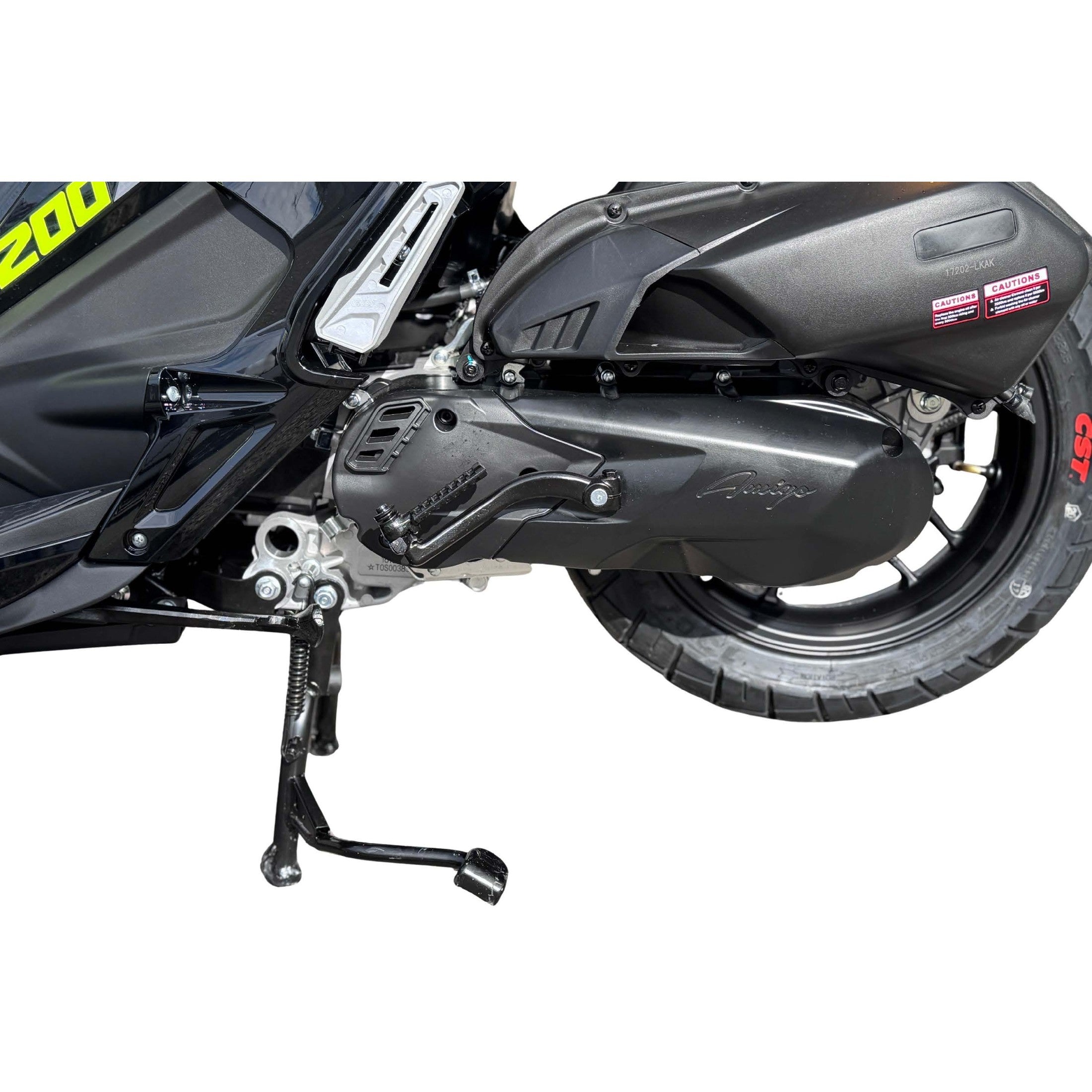 Lower midsection of Amigo 200 scooter showing engine guard, footrests, and exhaust