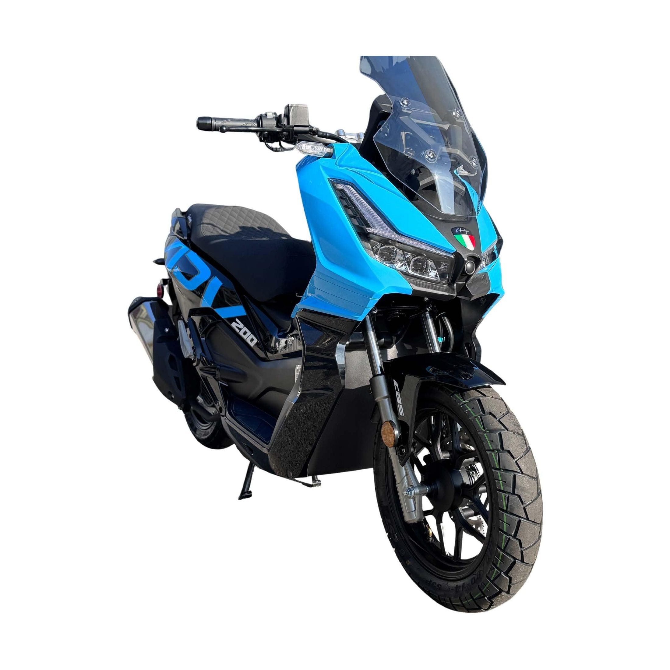 Blue Amigo 200 scooter front-three-quarter view with green sidewall tires and fork logo