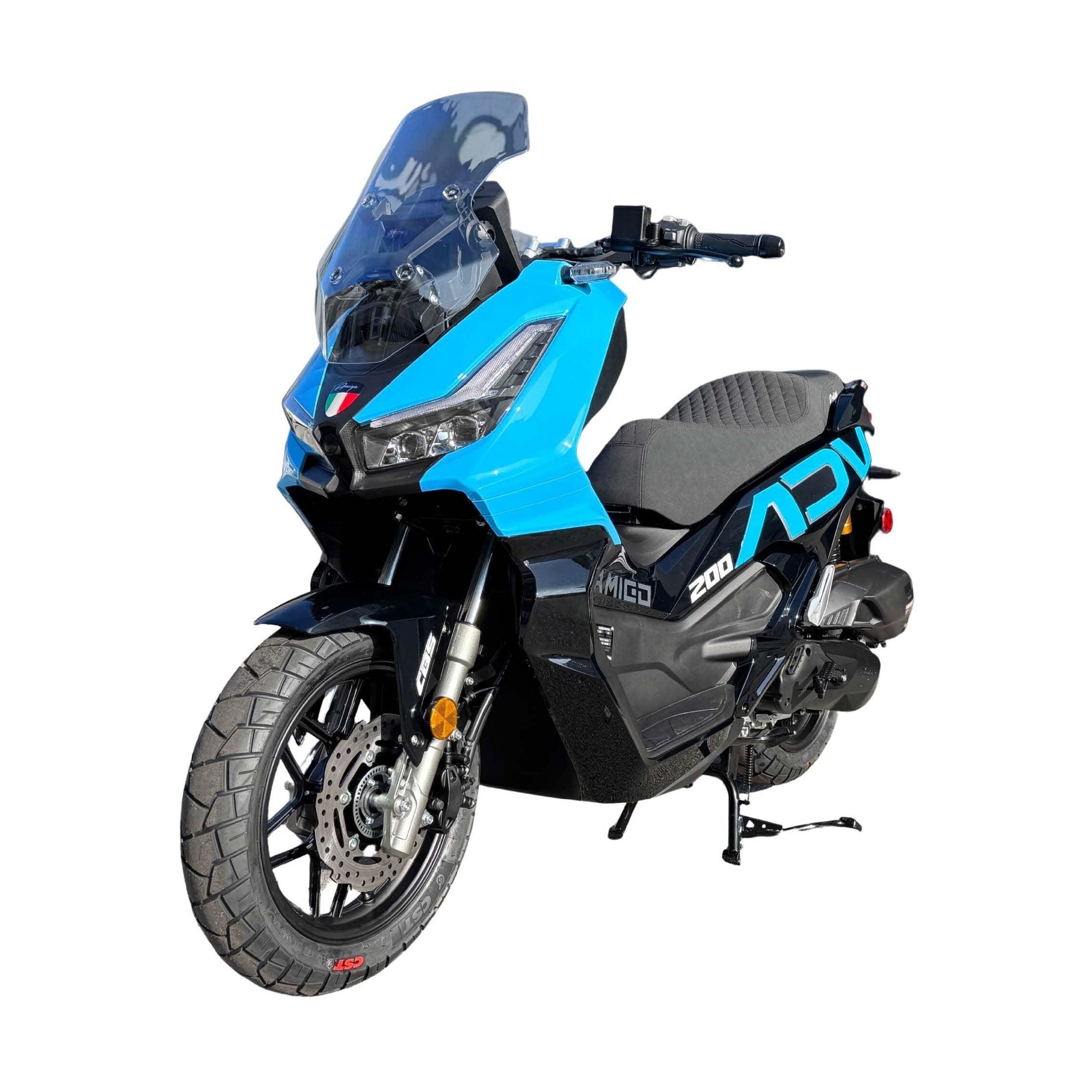 Blue Amigo 200 scooter front view with TFT display, LED lights, and CST tires