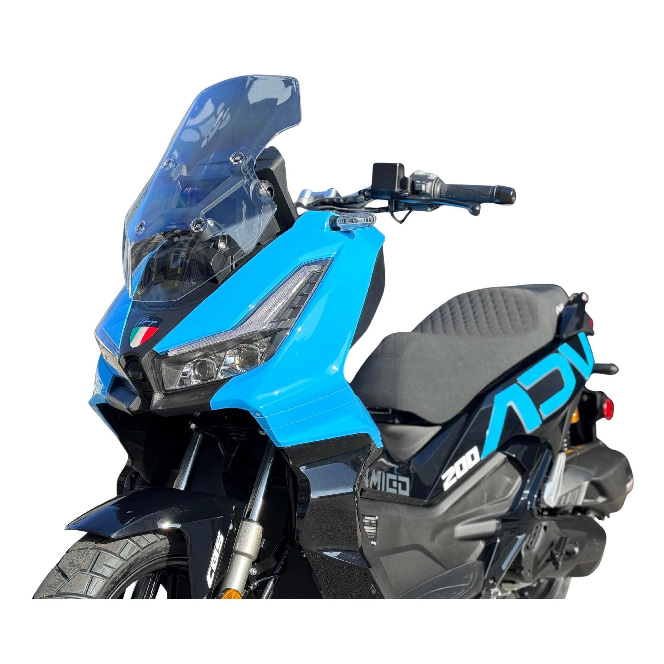 Front view of blue Amigo 200 ADV scooter with Italian flag decal and angular fairing