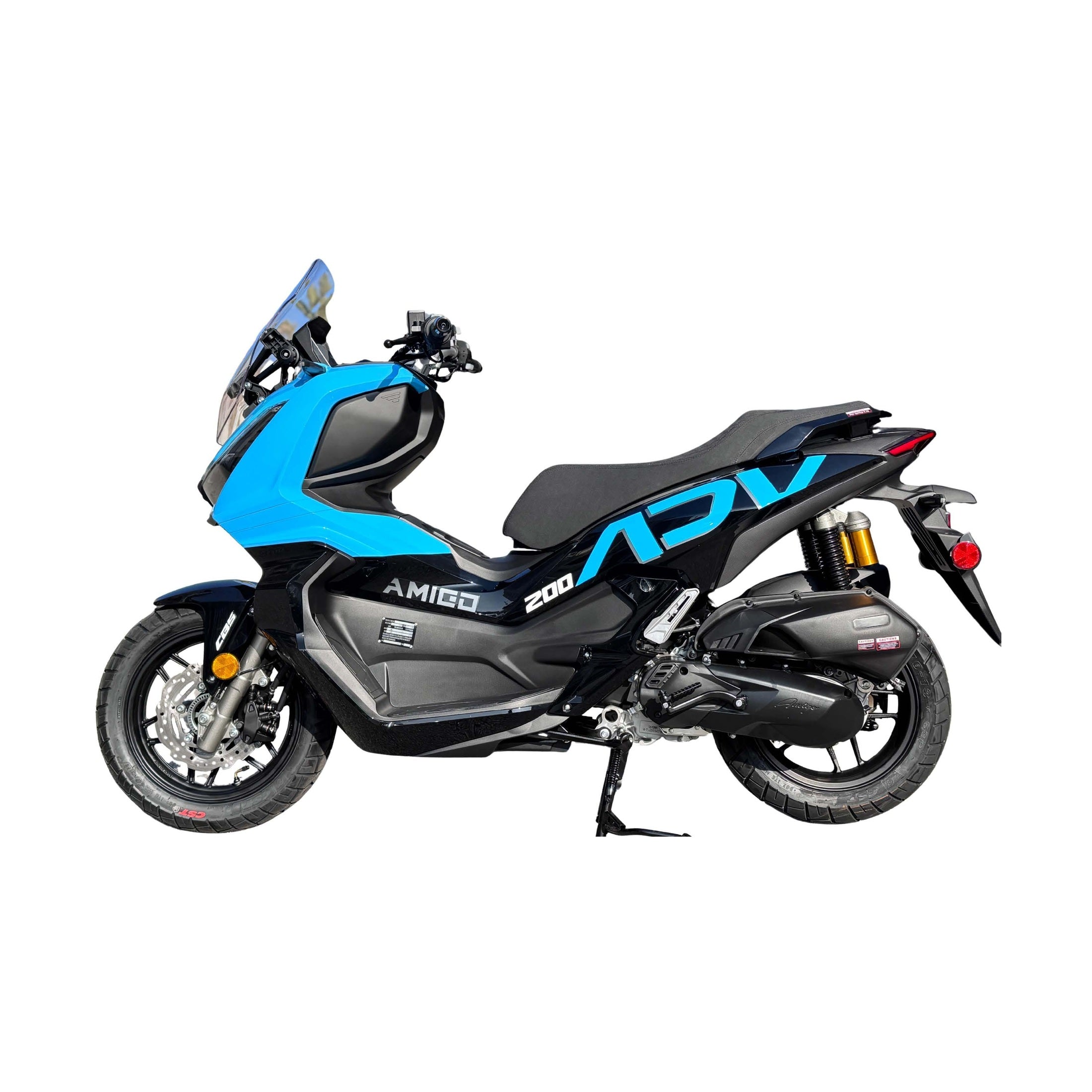 Blue Amigo ADV 200cc scooter side profile with adjustable windshield and gold shocks