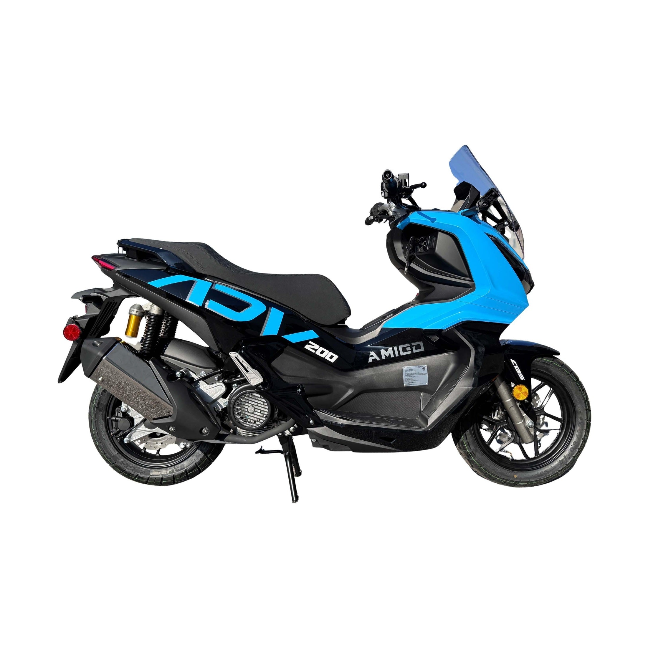 Side profile of blue Amigo 200 scooter with bold graphics and gold rear shock