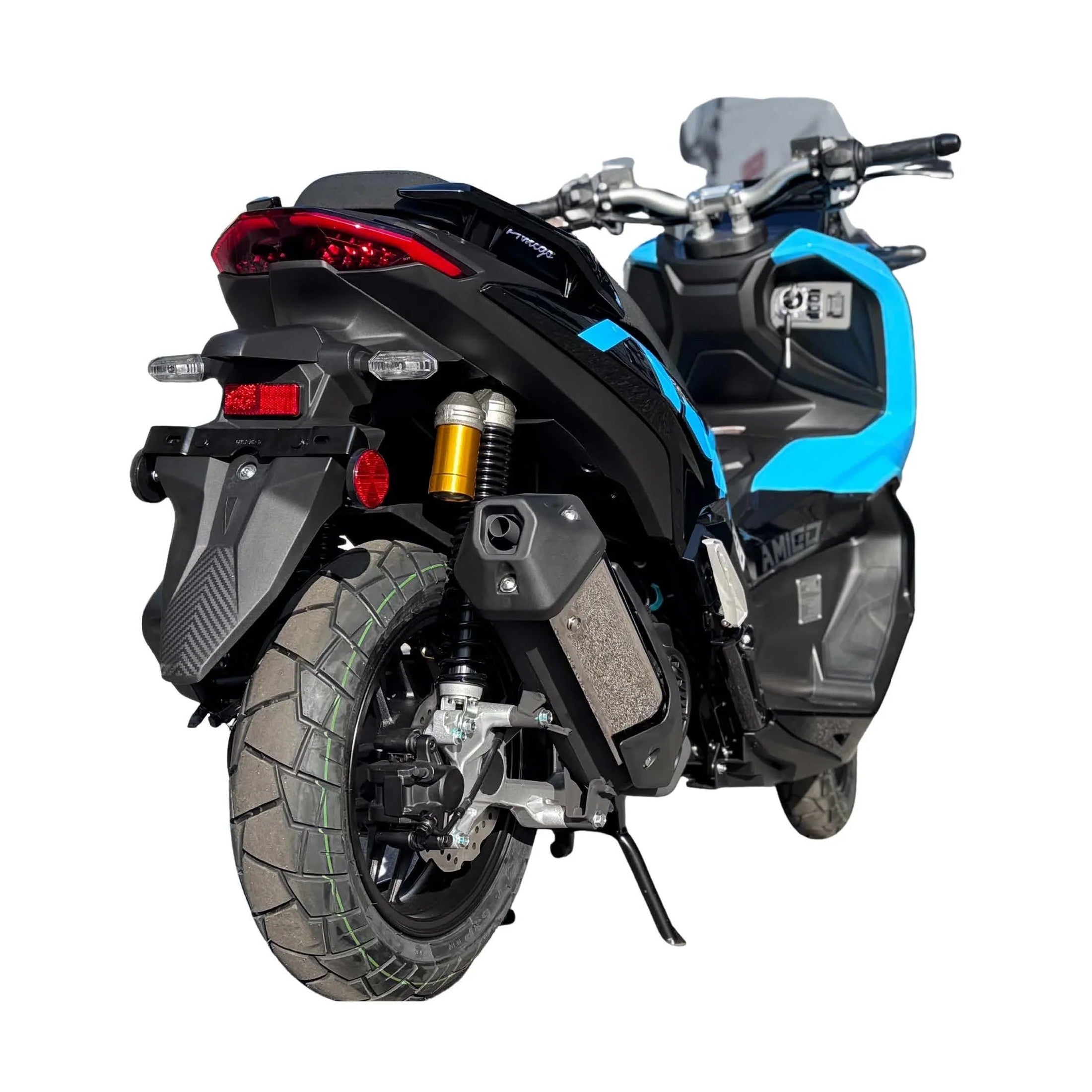 Rear view of blue Amigo 200 scooter highlighting carbon-fiber fender and red taillight
