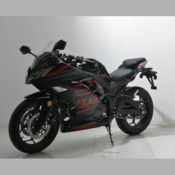 Black and red Amigo FLXR 250i sport motorcycle with rear luggage rack