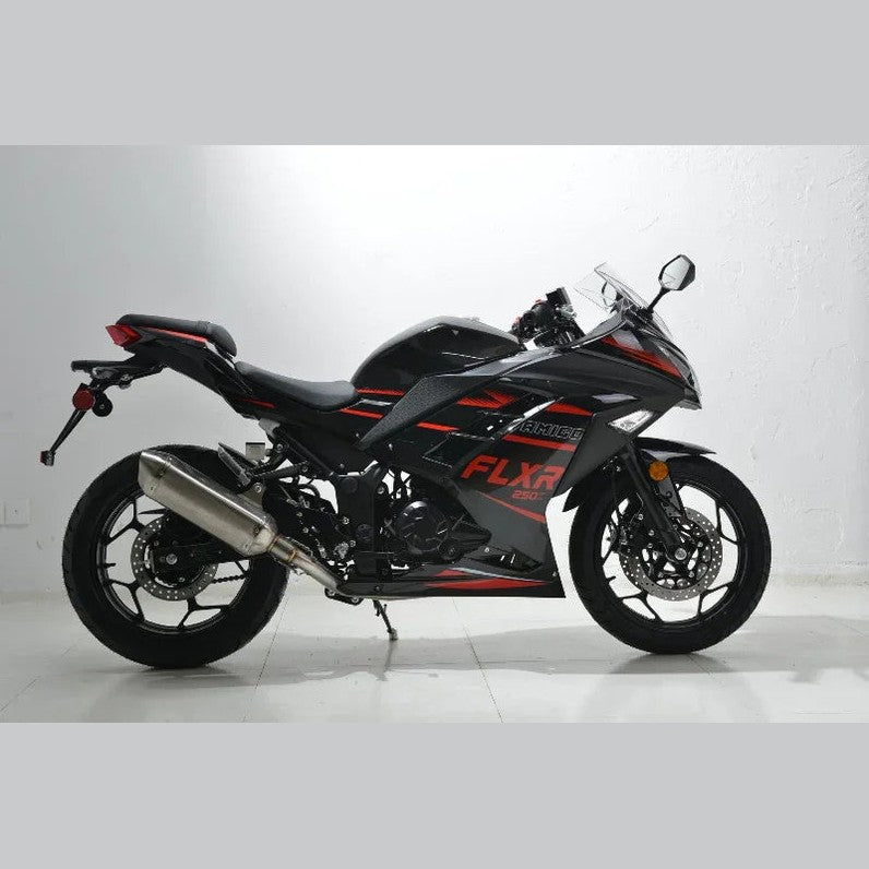 Black Amigo FLXR 250i sport motorcycle with red graphics and chrome exhaust