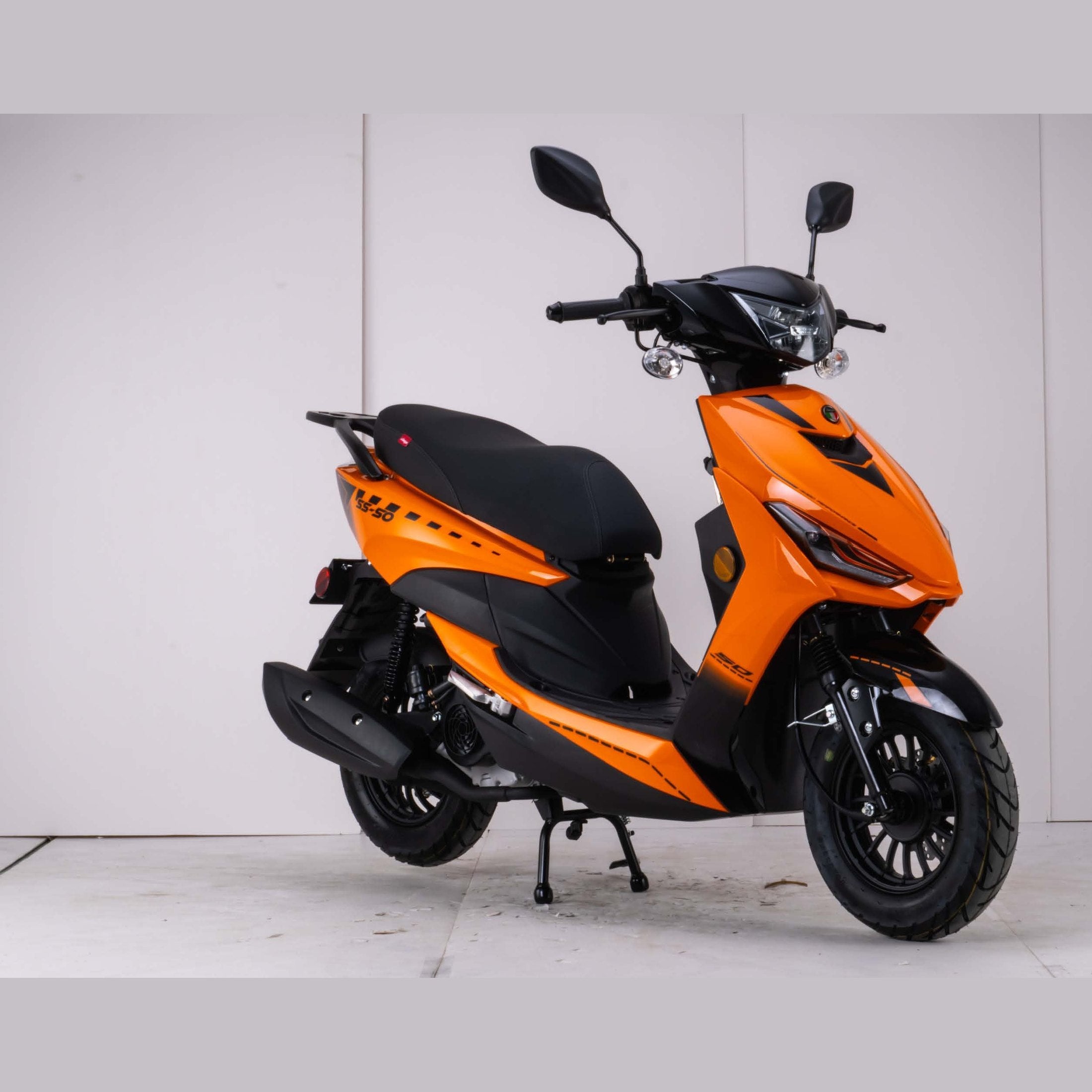 Orange Amigo SS-200 scooter side profile featuring multi-spoke rims