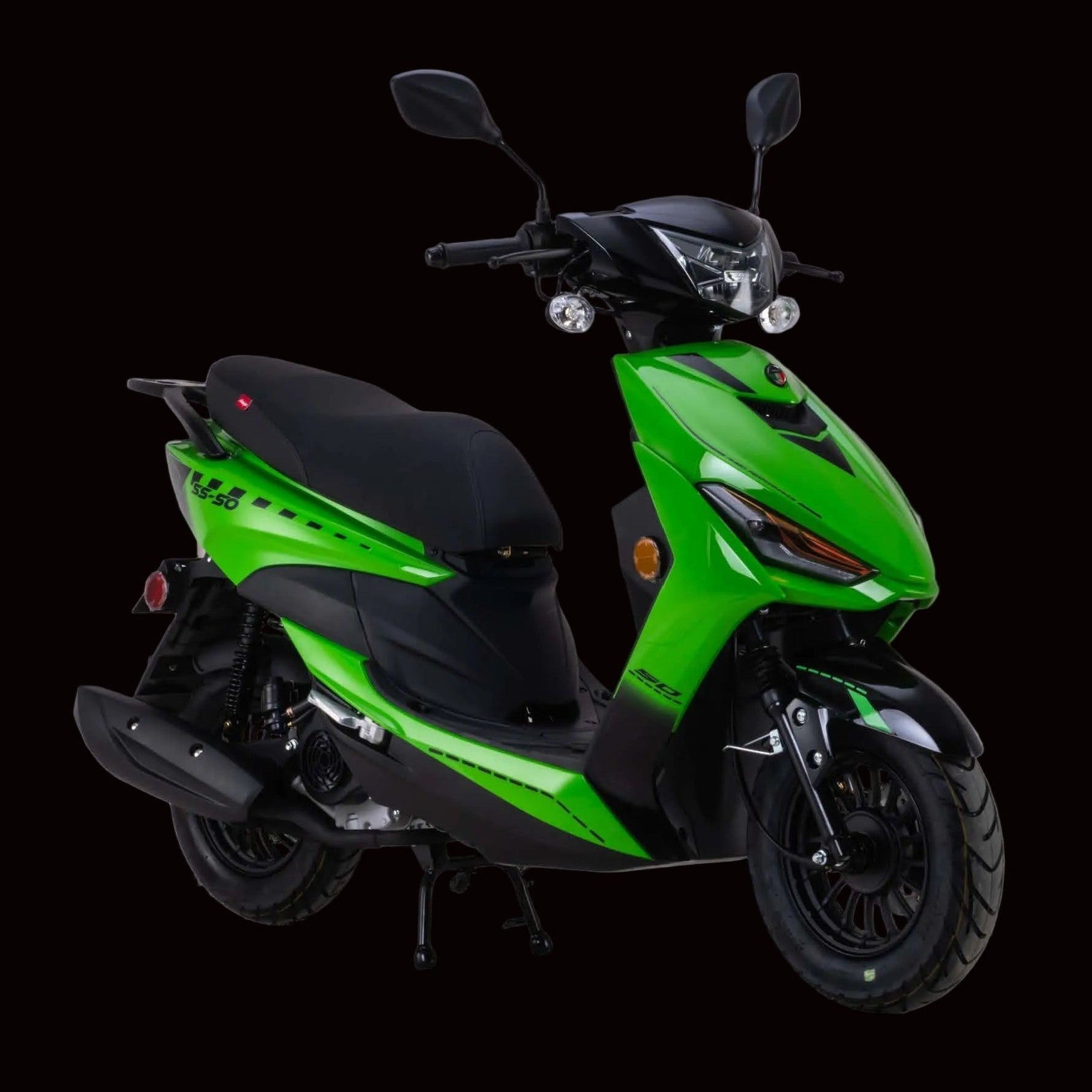 Green and black Amigo SS-200 scooter on dark background emphasizing color