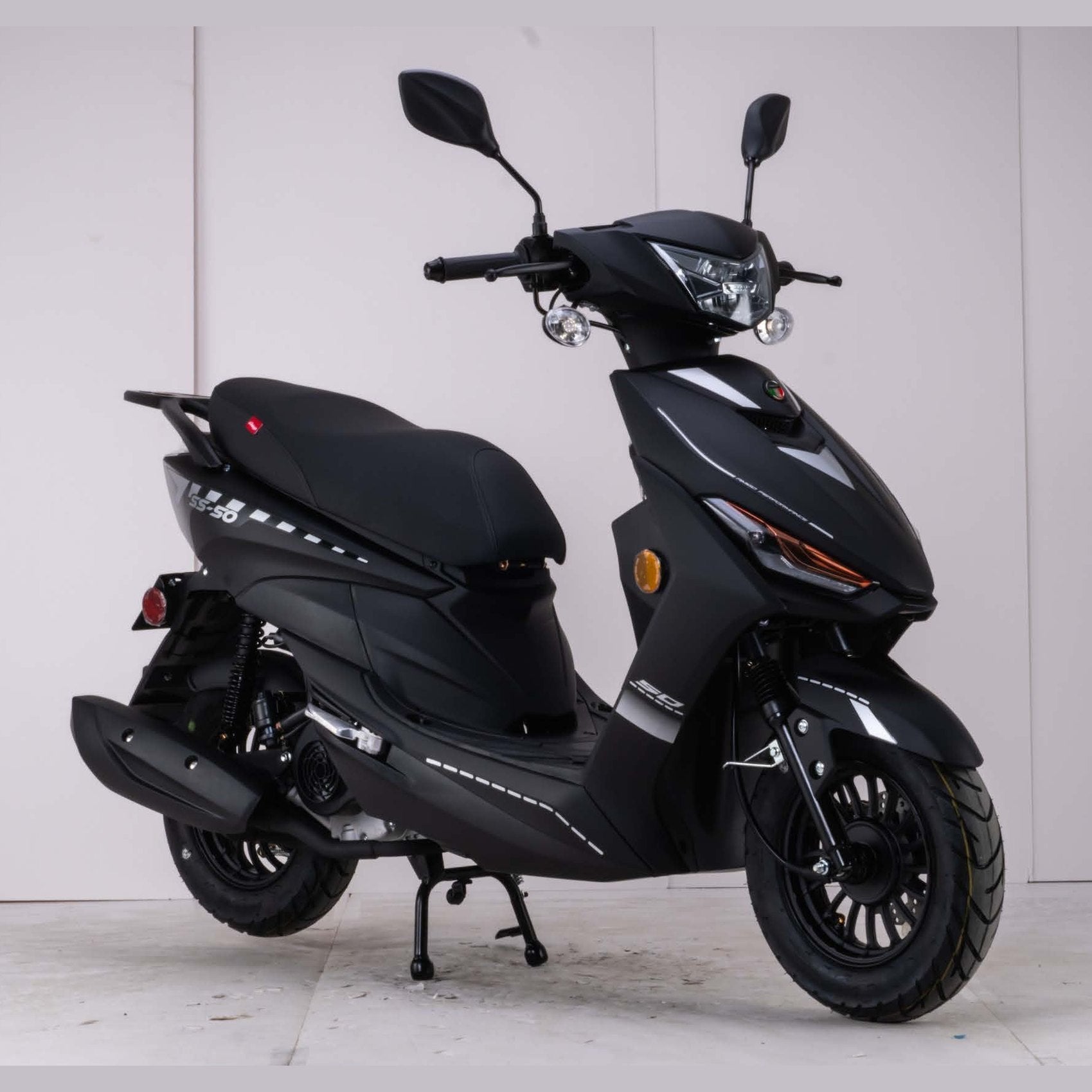 Matte black Amigo SS-200 scooter with white graphic lines side profile