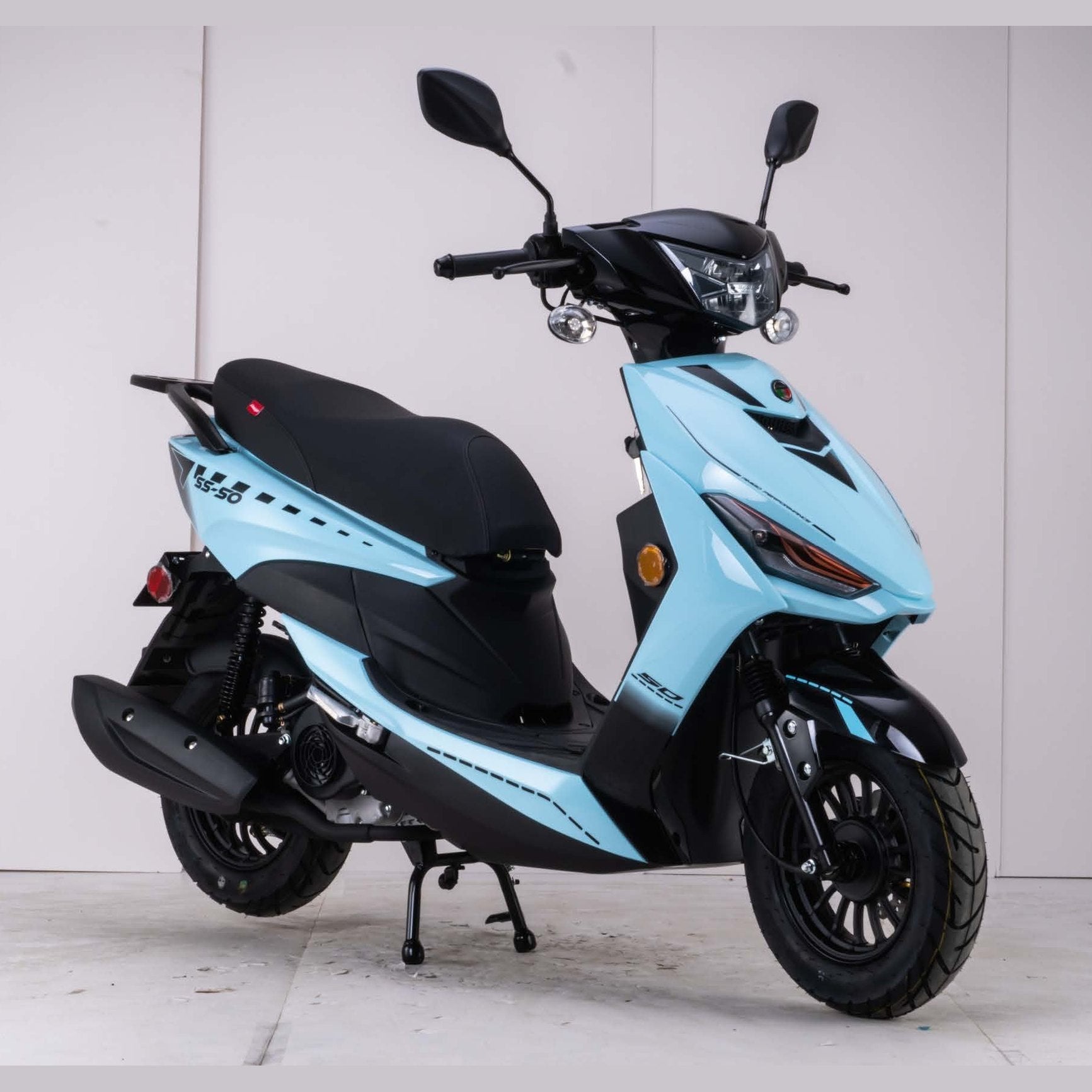 Light blue and black Amigo SS-200 scooter side profile with orange headlight accent
