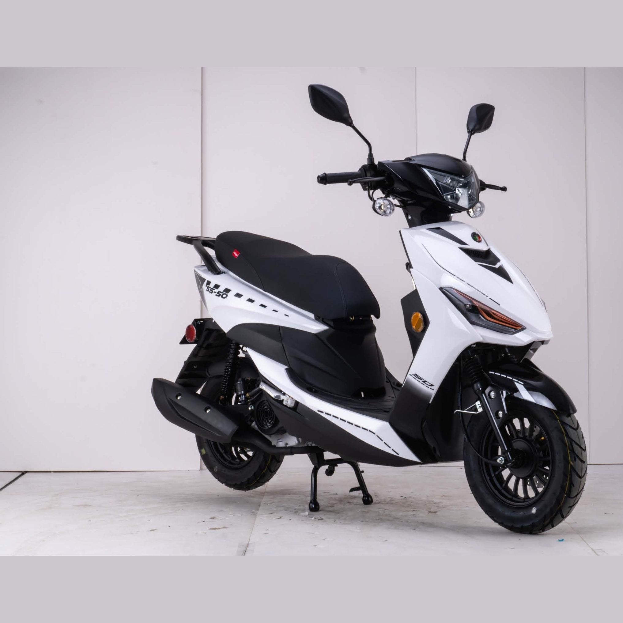 White and black Amigo SS-200 scooter side profile with orange headlight detail
