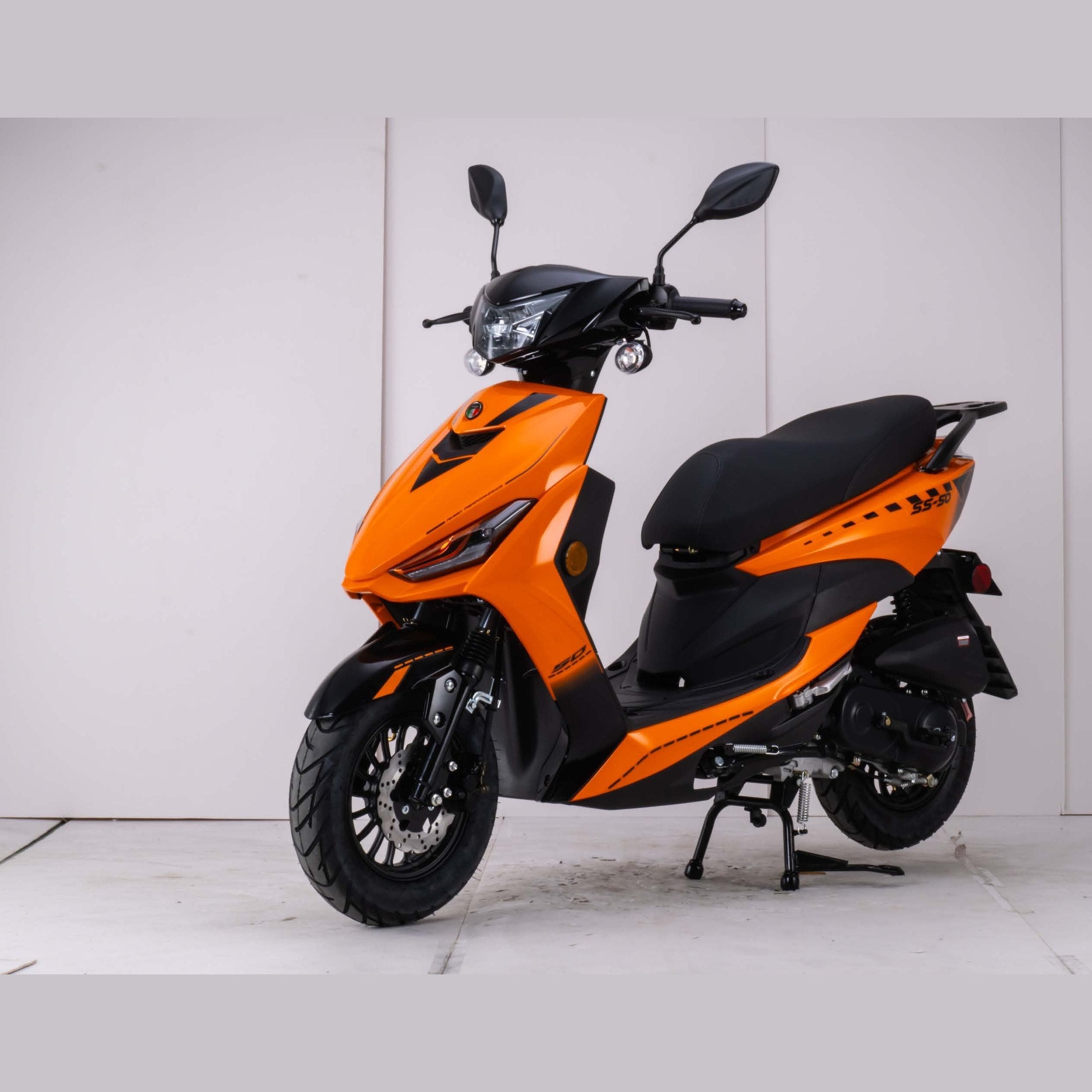 Orange Amigo SS-200 scooter front view highlighting disc brake system