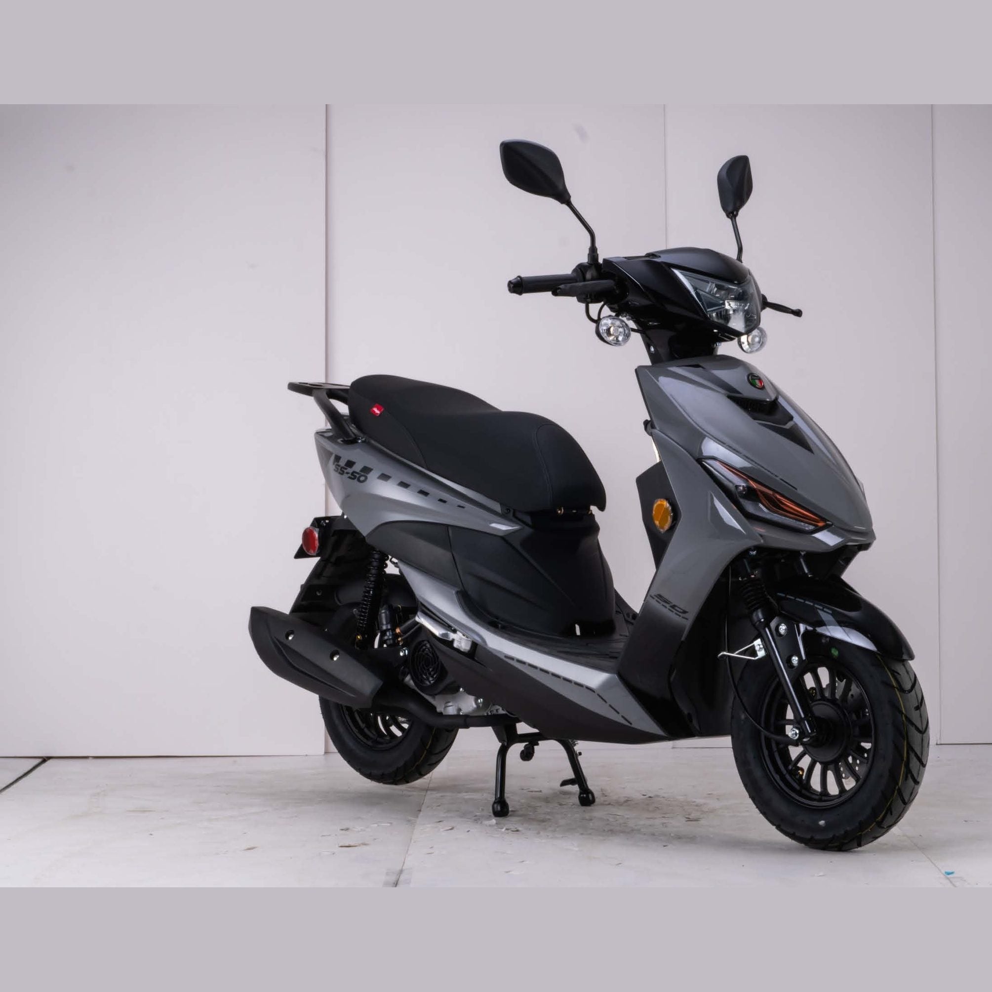 Gray and black Amigo SS-200 automatic scooter three-quarter front view