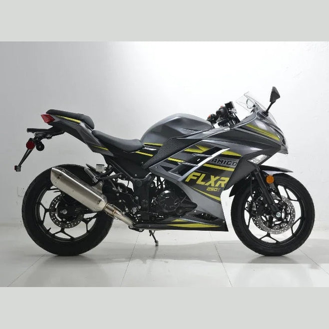 Gray and yellow Amigo FLXR 250i sport bike side view with silver exhaust pipe