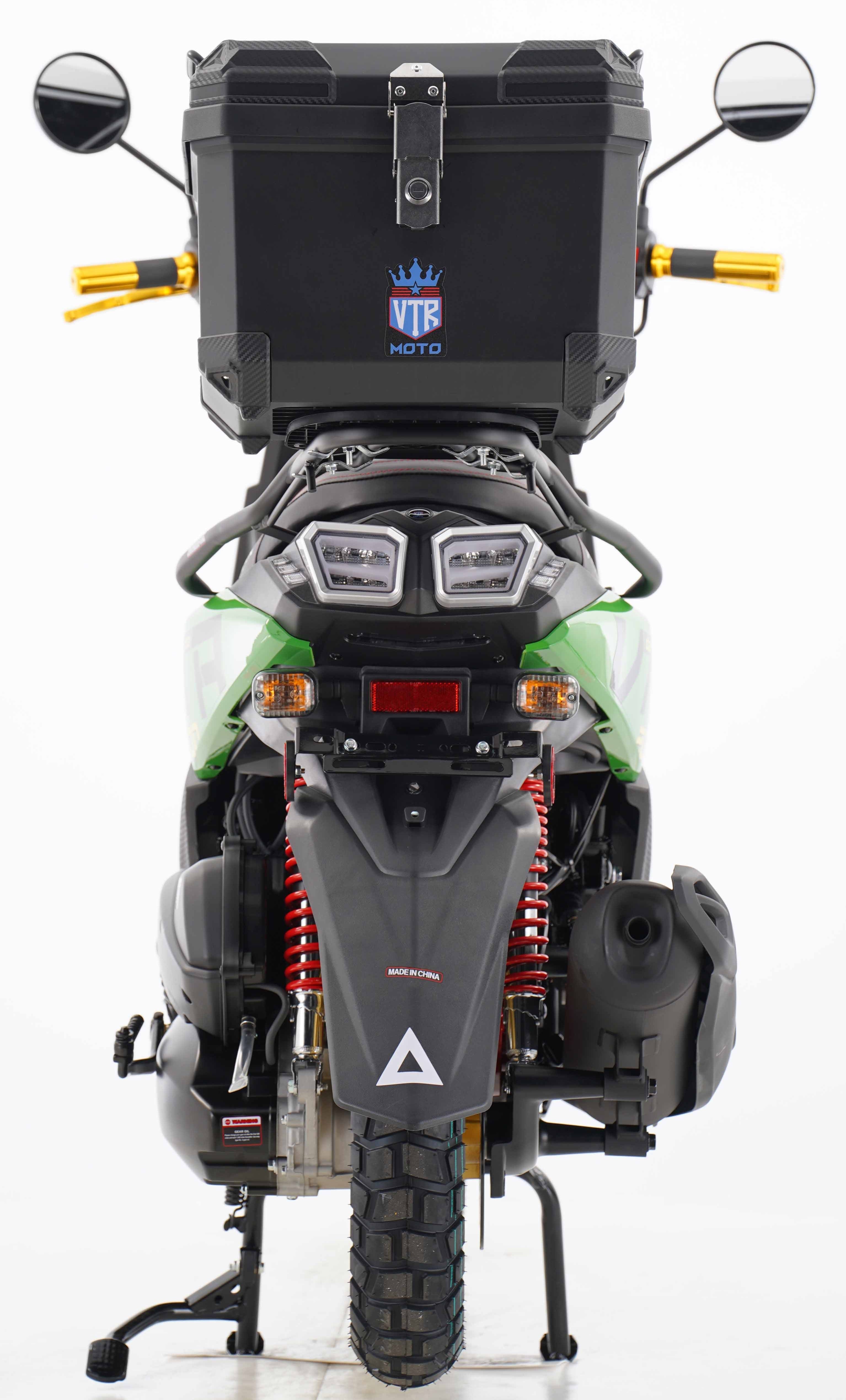 Rear view of green VTR 200 scooter featuring large cargo box and dual LED taillights