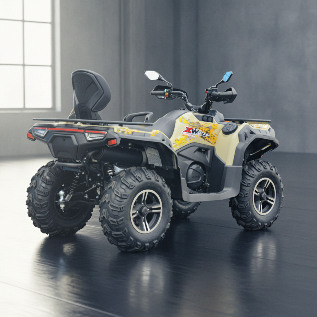 Tan and grey Loncin XWolf 550L ATV with yellow XWOLF graphics and long rear cargo rack