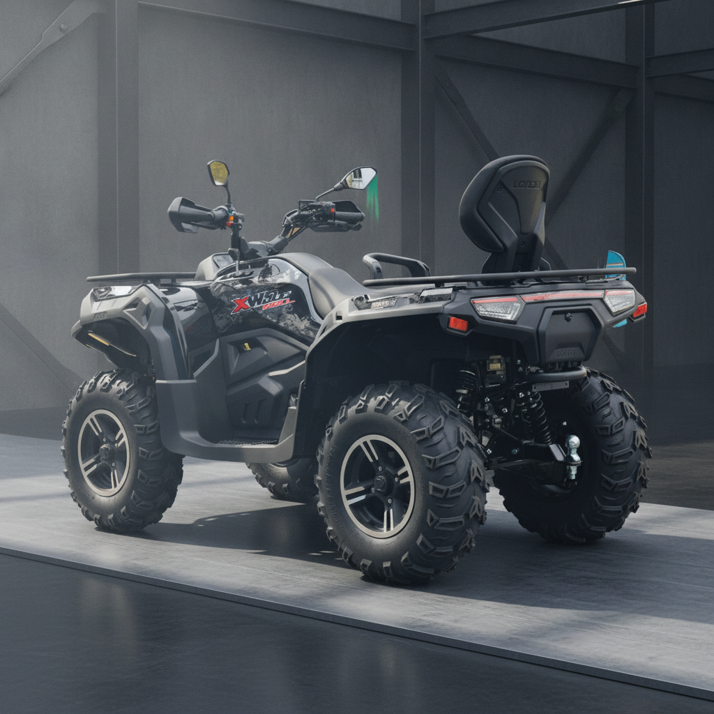 Dark grey Loncin XWolf 550L ATV with camouflage graphics, full rear cargo rack, and tow hitch