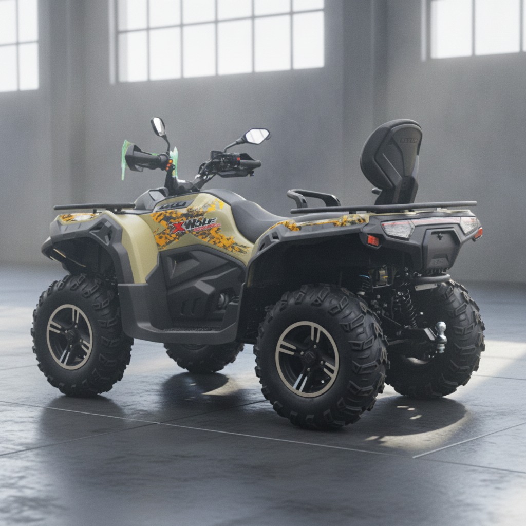Beige and black Loncin XWolf 550L ATV with orange splatter graphics, rear backrest, and front winch