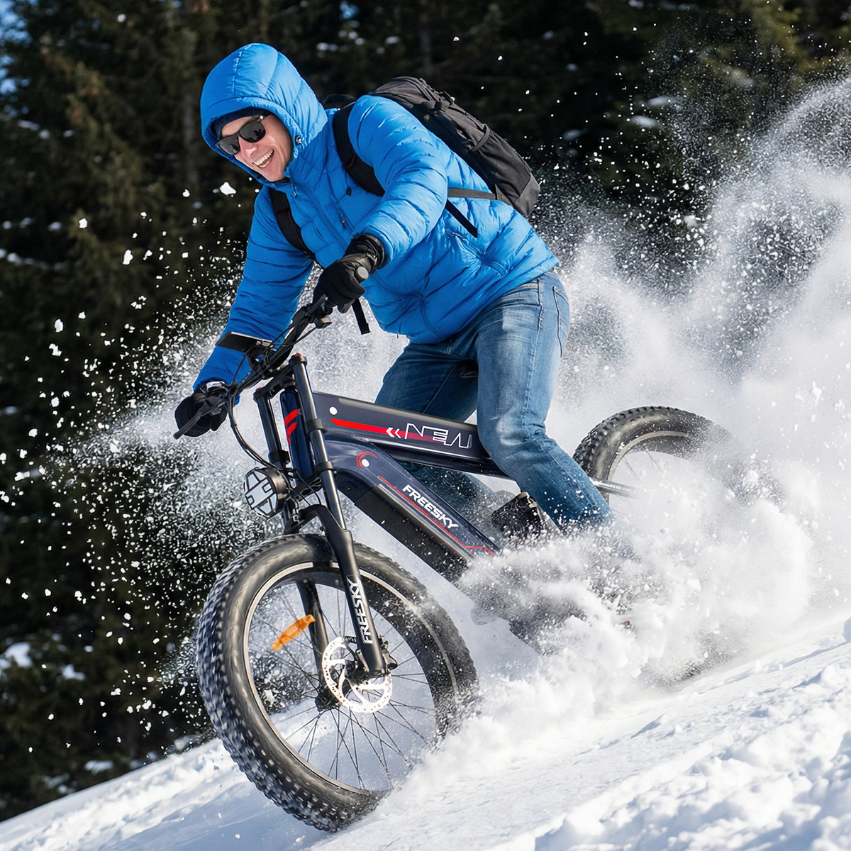 Rider on Freesky fat tire e-bike in deep snow