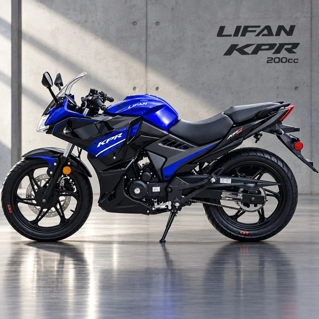 Blue and black Lifan KPR 200cc sport motorcycle side profile