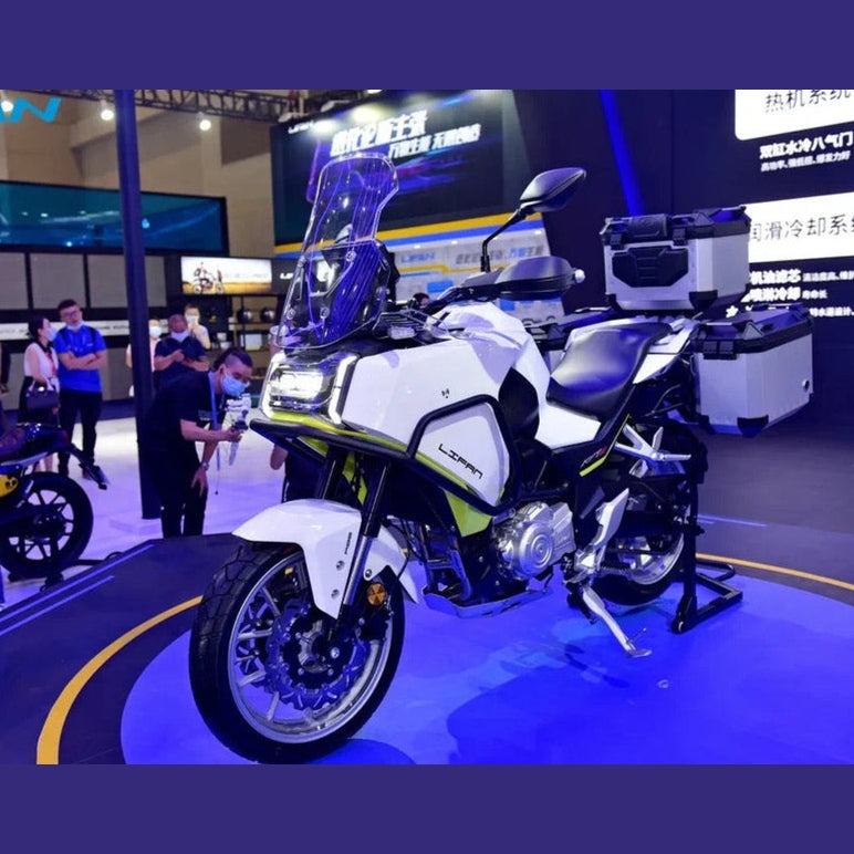 Lifan KPT 400cc white adventure bike on display stand with LED headlight