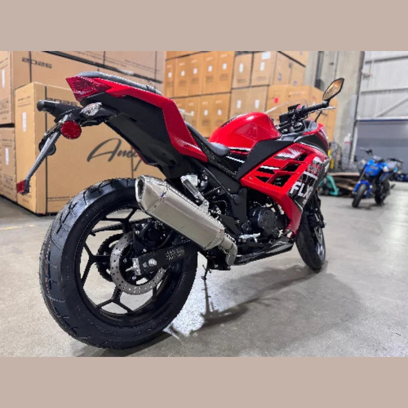Rear view of red and black Amigo FLXR sport bike showing swingarm and exhaust