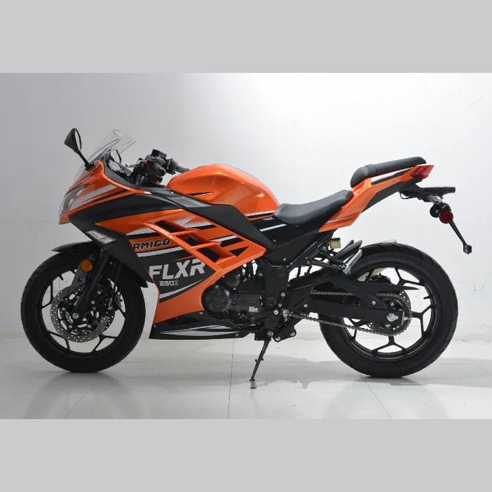 Orange and black Amigo FLXR 250X sport bike side view with graphics and kickstand