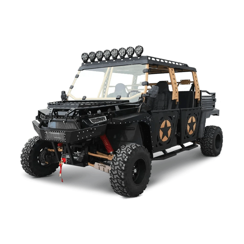 Black BMS The Beast 1000 4S UTV with tan roll cage and red suspension
