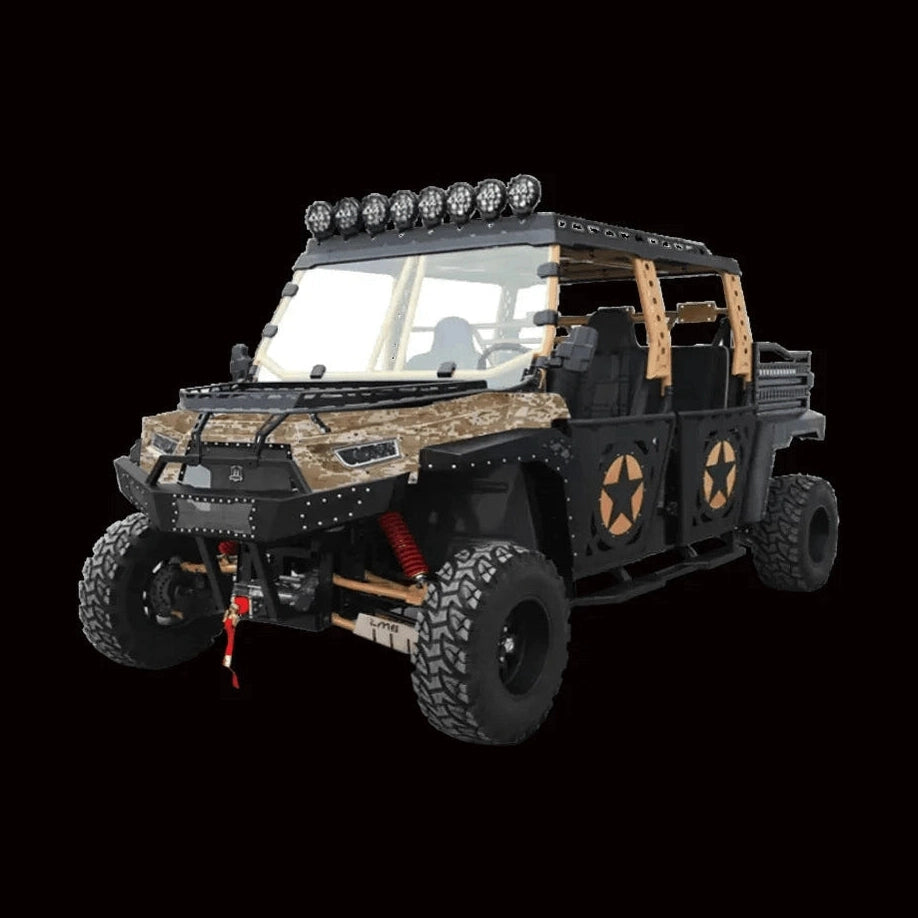 Tan camo BMS The Beast 1000 4S UTV with tan roll cage and red suspension