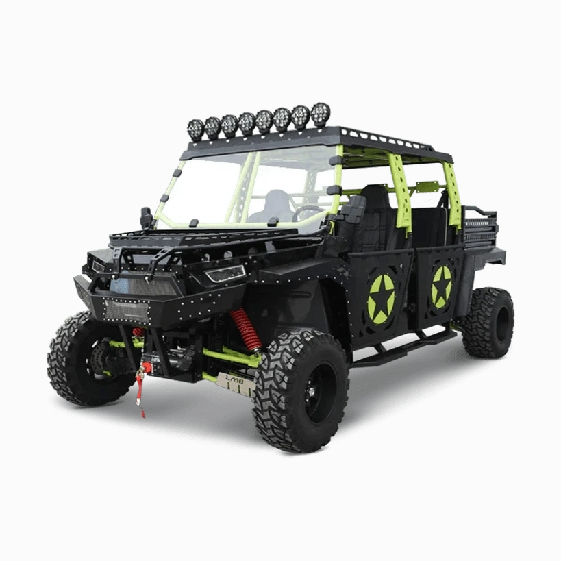 Black BMS The Beast 1000 4S UTV with lime green roll cage and red springs