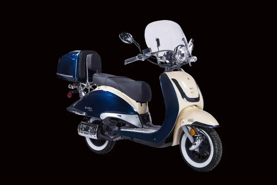 Retro style blue and cream scooter with windshield and rear storage, side view on black background.