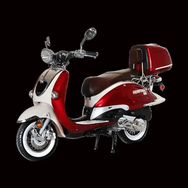 BMS Heritage 150 red and white two-tone scooter side profile showing chrome handlebars, whitewall tires, and trunk