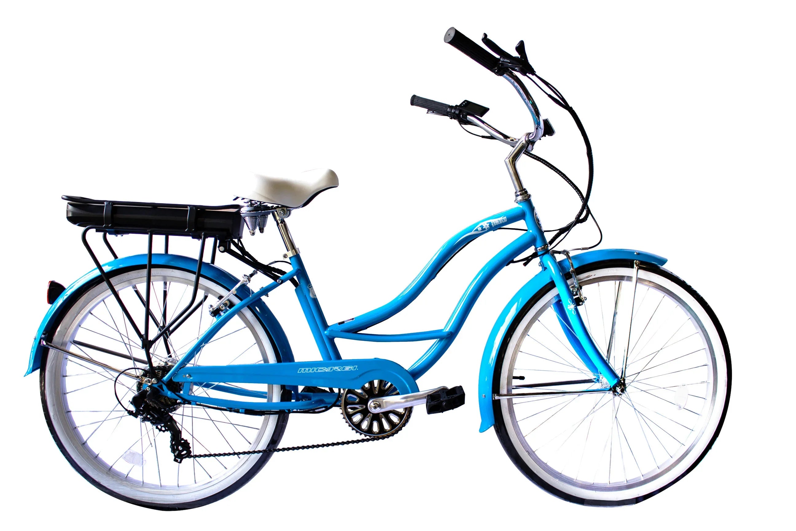 Bright blue Micargi electric beach cruiser with beige saddle and white walls