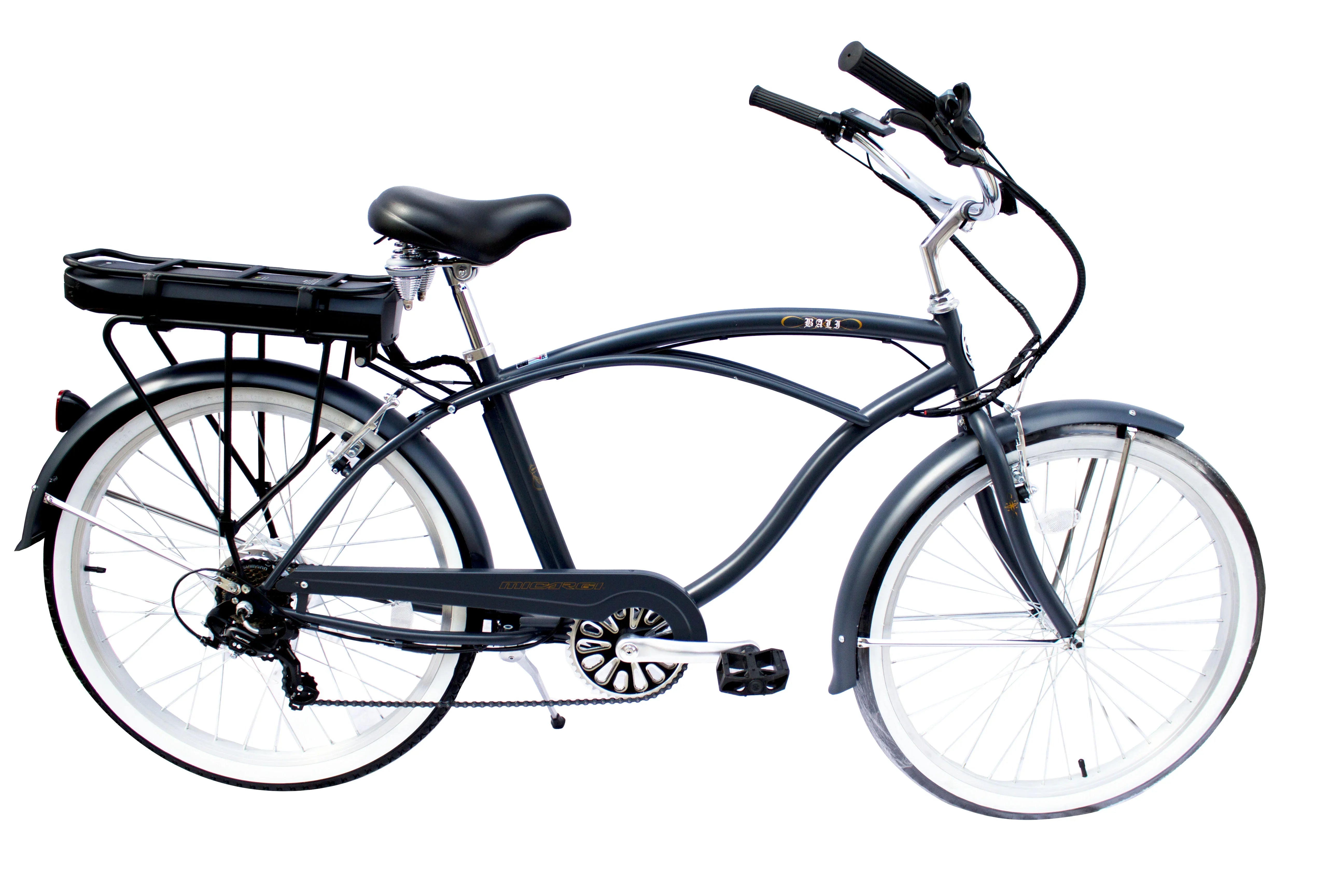 Black electric cruiser bike with rear rack and white-wall tires