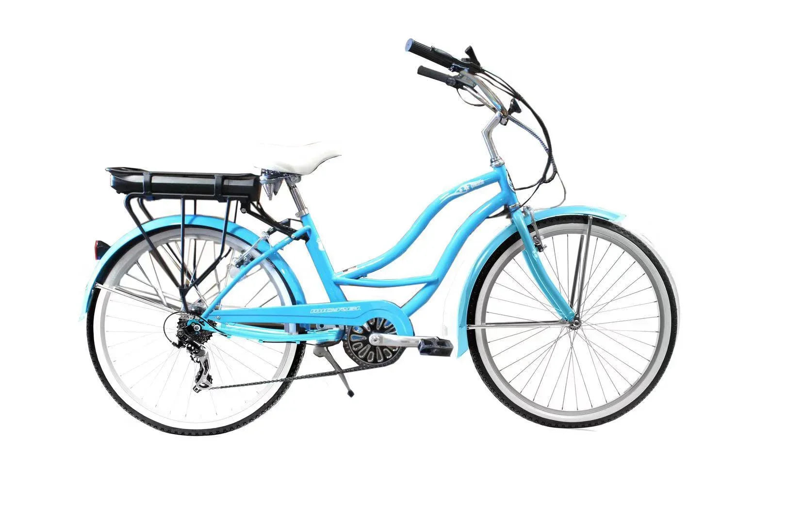Light blue step-through Micargi electric cruiser with chrome handlebars